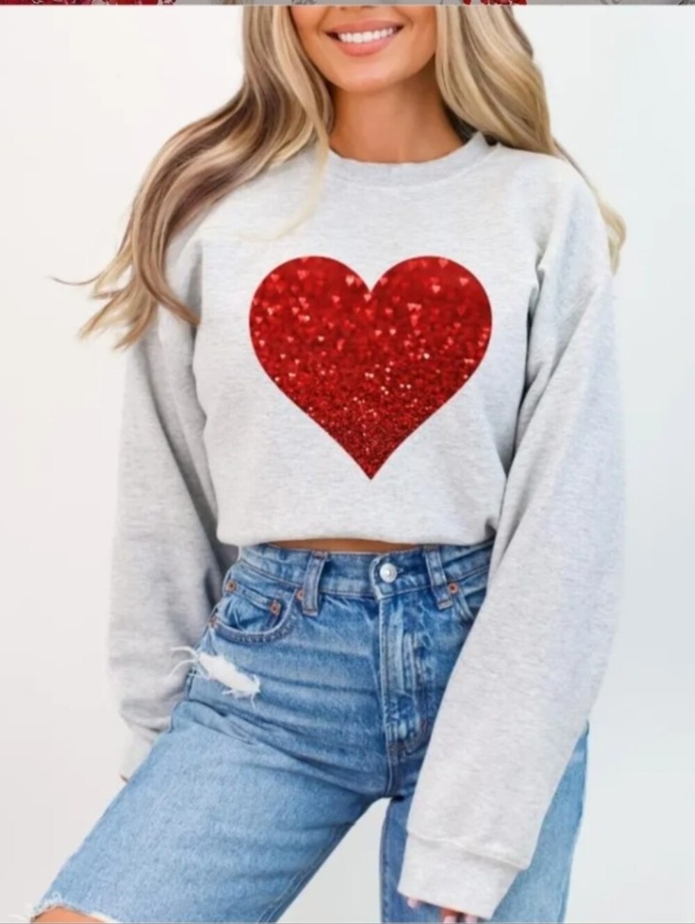 NWOT-"Be Famous" gray cropped sweatshirt, large, vibrant red sequin heart M